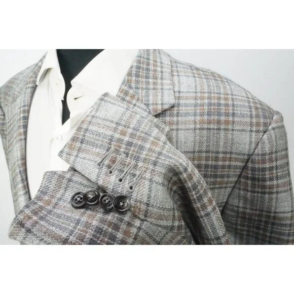 Ermenegildo Zegna Milano Current Cashmere Blend Gray Brown Plaid Sport Coat 54L